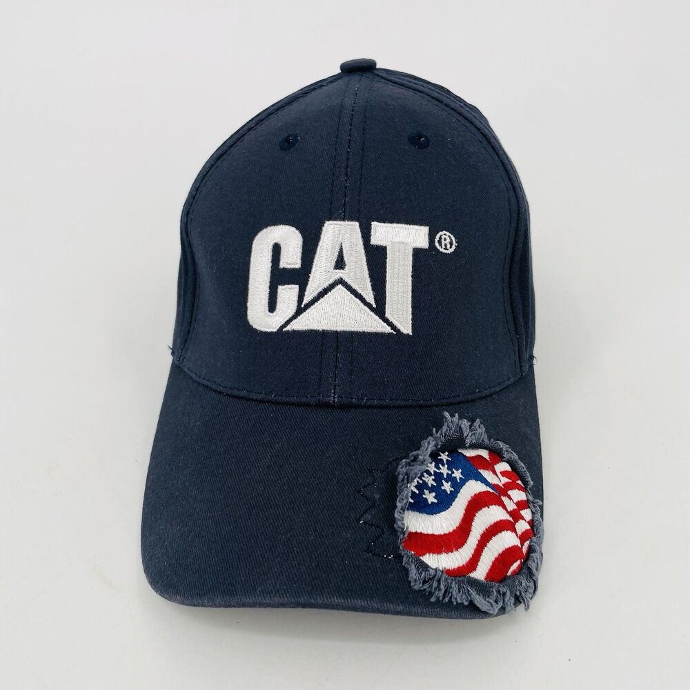 CAT Caterpillar Hat Embroidered American Flag Distressed Fitted Cap Blue OSFM